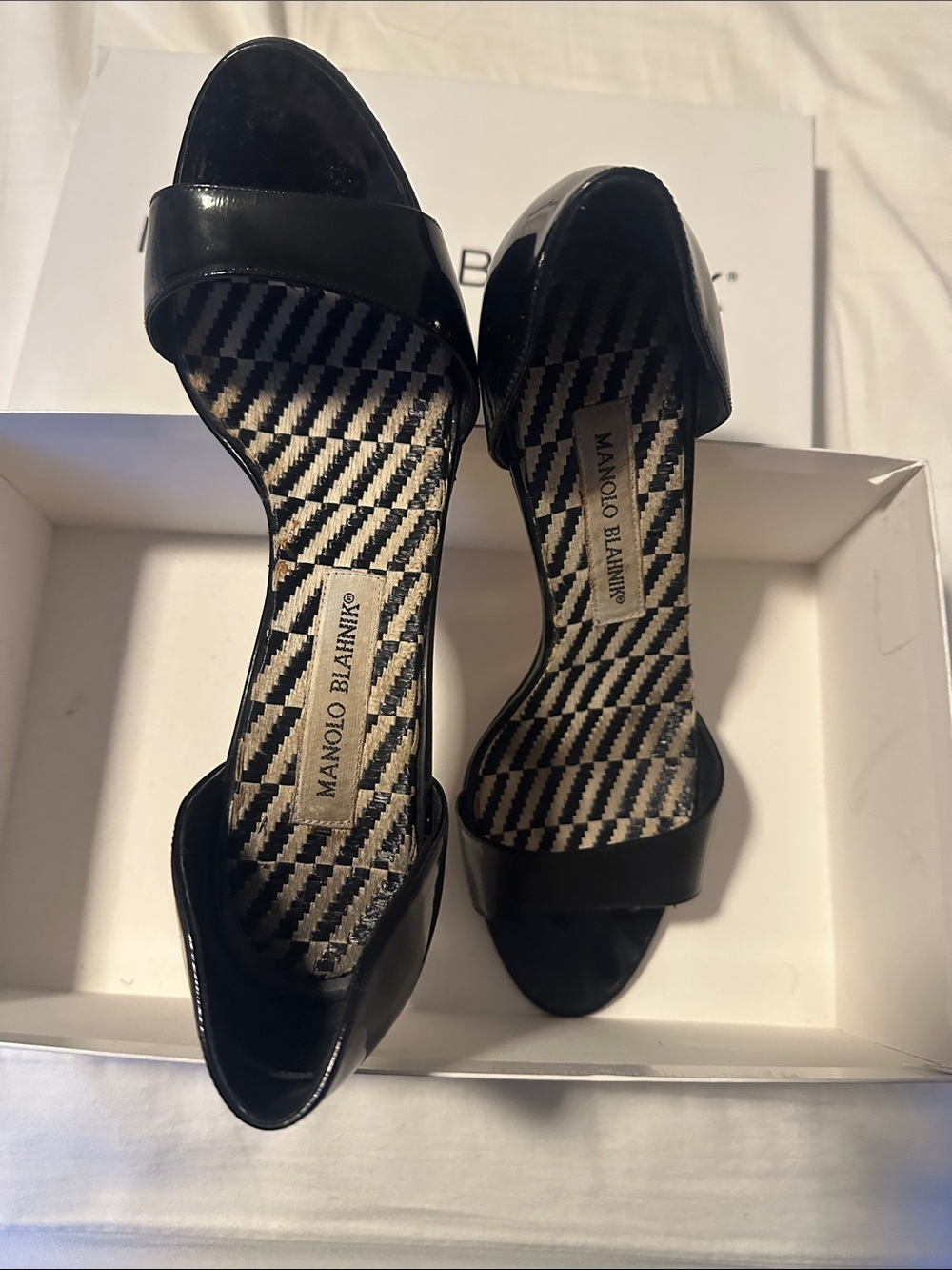 Manolo Blahnik Black Patent Leather D'Orsay Open-Toe Heels